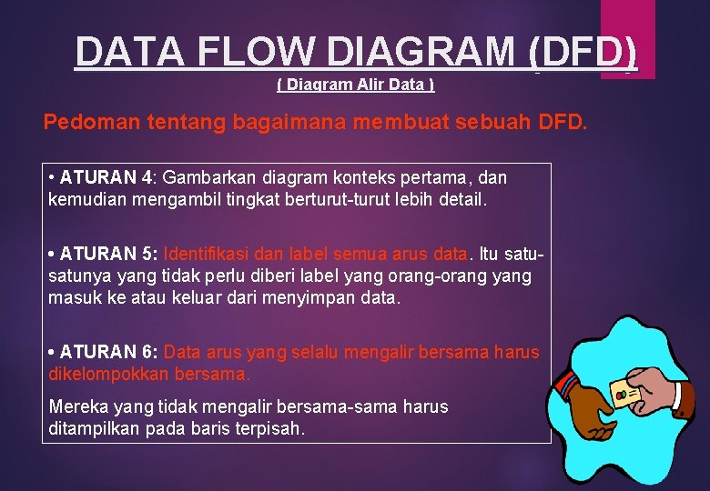 DATA FLOW DIAGRAM (DFD) ( Diagram Alir Data ) Pedoman tentang bagaimana membuat sebuah