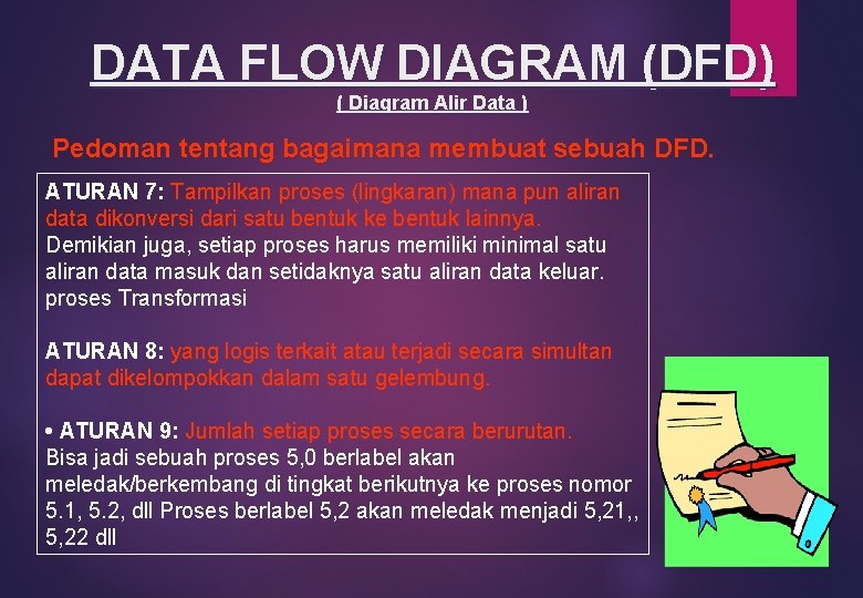 DATA FLOW DIAGRAM (DFD) ( Diagram Alir Data ) Pedoman tentang bagaimana membuat sebuah