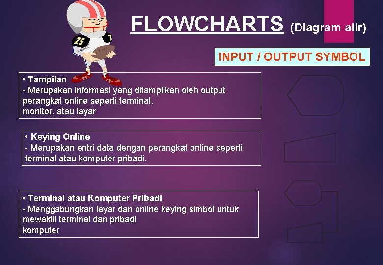 FLOWCHARTS (Diagram alir) INPUT / OUTPUT SYMBOL • Tampilan - Merupakan informasi yang ditampilkan