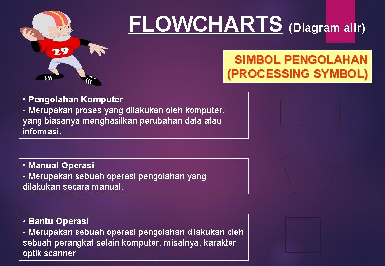 FLOWCHARTS (Diagram alir) SIMBOL PENGOLAHAN (PROCESSING SYMBOL) • Pengolahan Komputer - Merupakan proses yang