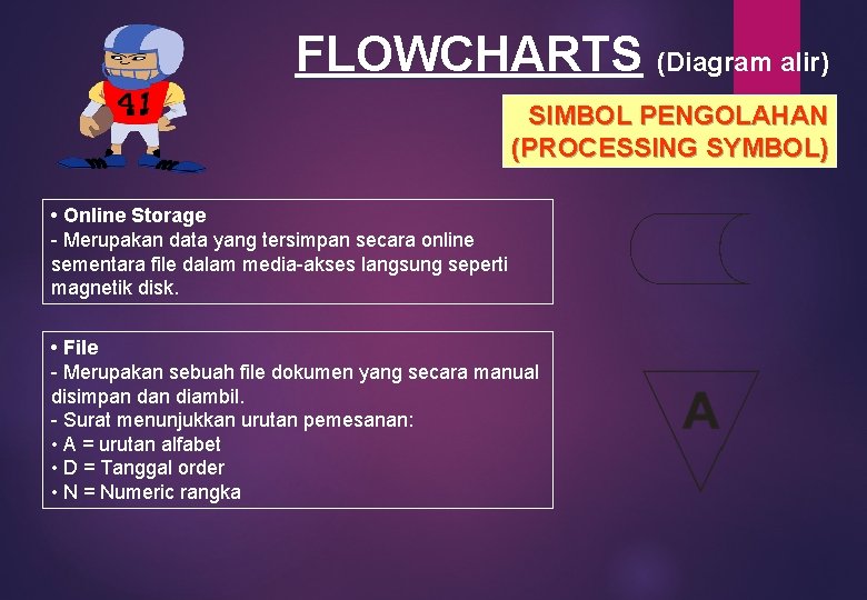 FLOWCHARTS (Diagram alir) SIMBOL PENGOLAHAN (PROCESSING SYMBOL) • Online Storage - Merupakan data yang