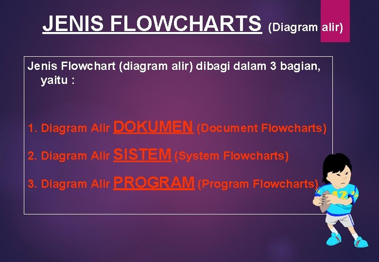 JENIS FLOWCHARTS (Diagram alir) Jenis Flowchart (diagram alir) dibagi dalam 3 bagian, yaitu :