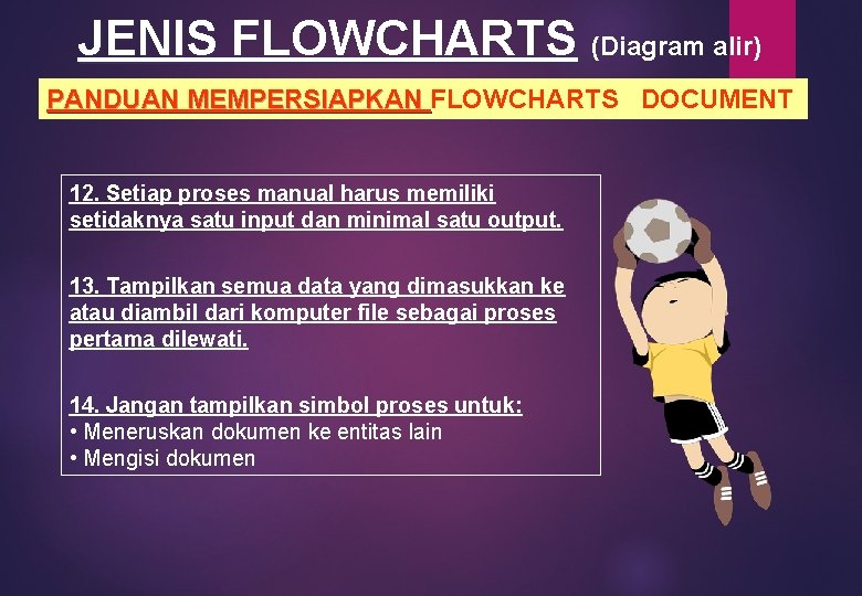 JENIS FLOWCHARTS (Diagram alir) PANDUAN MEMPERSIAPKAN FLOWCHARTS DOCUMENT PANDUAN MEMPERSIAPKAN 12. Setiap proses manual