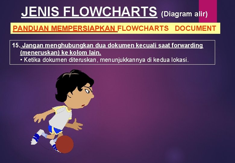 JENIS FLOWCHARTS (Diagram alir) PANDUAN MEMPERSIAPKAN FLOWCHARTS DOCUMENT PANDUAN MEMPERSIAPKAN 15. Jangan menghubungkan dua