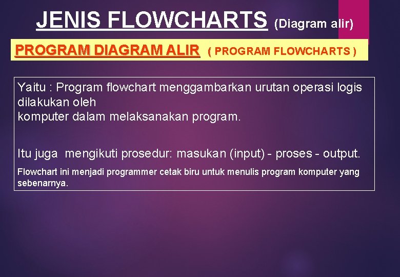 JENIS FLOWCHARTS (Diagram alir) PROGRAM DIAGRAM ALIR ( PROGRAM FLOWCHARTS ) ( Yaitu :
