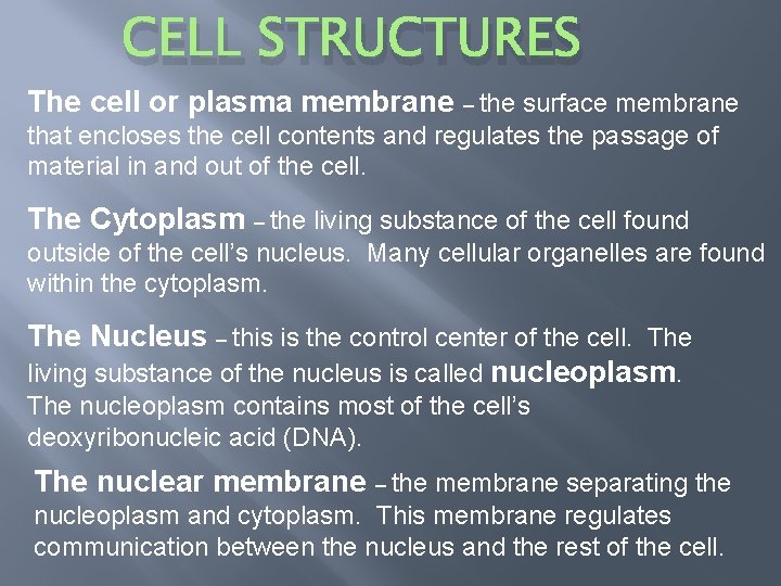 CELL STRUCTURES The cell or plasma membrane – the surface membrane that encloses the