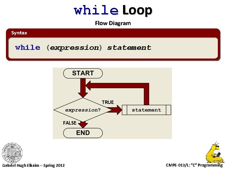 while Loop Flow Diagram Syntax while (expression) statement TRUE FALSE Gabriel Hugh Elkaim –