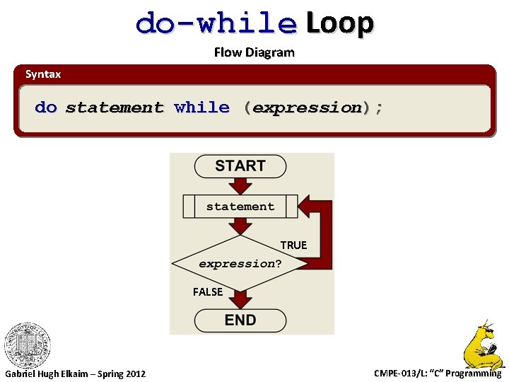do-while Loop Flow Diagram Syntax do statement while (expression); TRUE FALSE Gabriel Hugh Elkaim