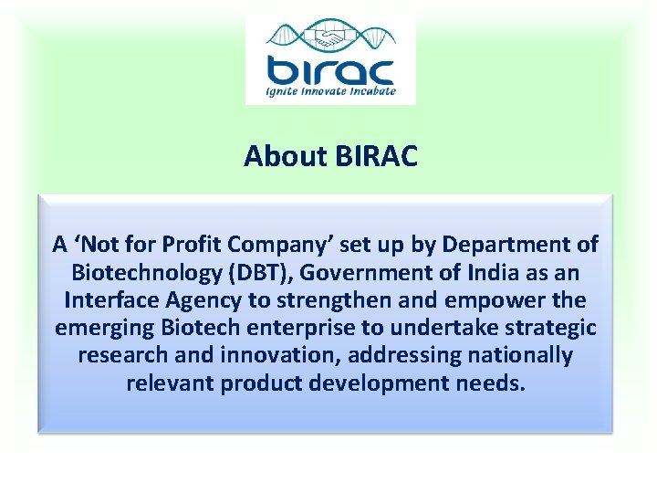 About BIRAC A ‘Not for Profit Company’ set up by Department of Biotechnology (DBT),