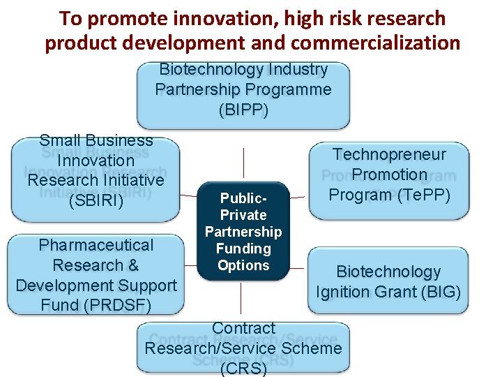 To promote innovation, high risk research product development and commercialization Biotechnology Industry Partnership Programme