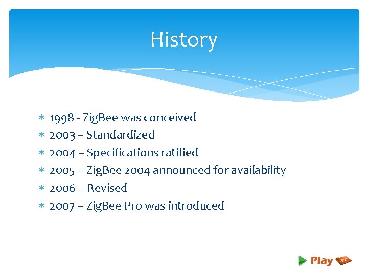 History 1998 - Zig. Bee was conceived 2003 – Standardized 2004 – Specifications ratified