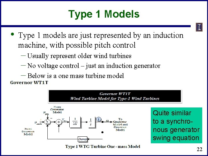 Type 1 Models • Type 1 models are just represented by an induction machine,