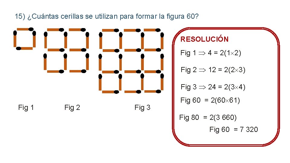 15) ¿Cuántas cerillas se utilizan para formar la figura 60? RESOLUCIÓN Fig 1 4