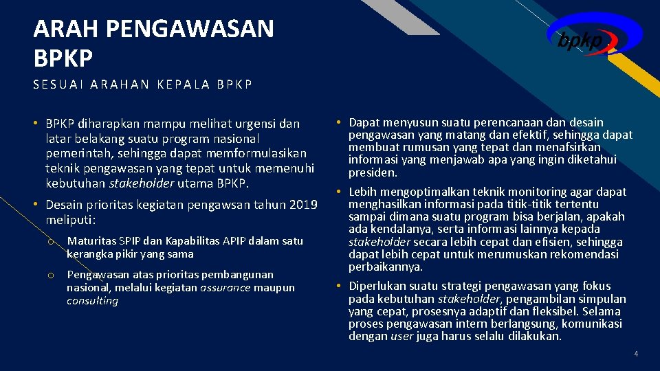 ARAH PENGAWASAN BPKP FR SESUAI ARAHAN KEPALA BPKP • BPKP diharapkan mampu melihat urgensi