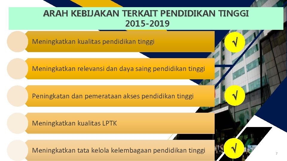 ARAH KEBIJAKAN TERKAIT PENDIDIKAN TINGGI 2015 -2019 Meningkatkan kualitas pendidikan tinggi Meningkatkan relevansi dan