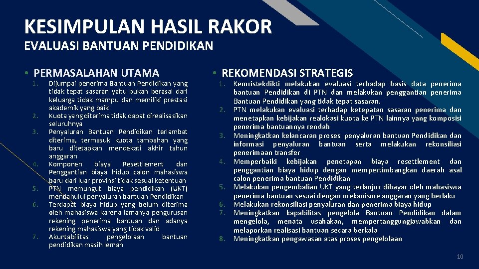 KESIMPULAN HASIL RAKOR FR EVALUASI BANTUAN PENDIDIKAN • PERMASALAHAN UTAMA 1. 2. 3. 4.