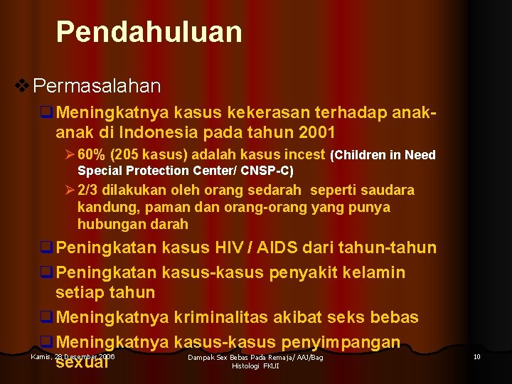 Pendahuluan v Permasalahan q. Meningkatnya kasus kekerasan terhadap anak di Indonesia pada tahun 2001 Pendahuluan v Permasalahan q. Meningkatnya kasus kekerasan terhadap anak di Indonesia pada tahun 2001