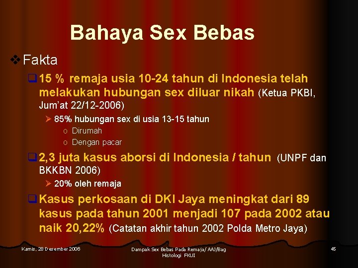 Bahaya Sex Bebas v Fakta q 15 % remaja usia 10 -24 tahun di