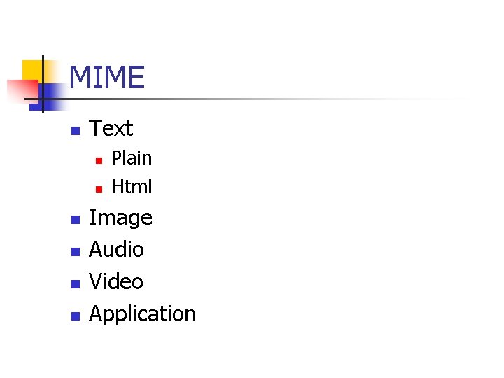 MIME n Text n n n Plain Html Image Audio Video Application MIME n Text n n n Plain Html Image Audio Video Application