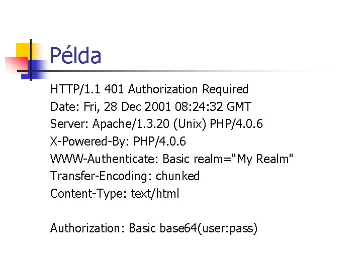 Példa HTTP/1. 1 401 Authorization Required Date: Fri, 28 Dec 2001 08: 24: 32 Példa HTTP/1. 1 401 Authorization Required Date: Fri, 28 Dec 2001 08: 24: 32