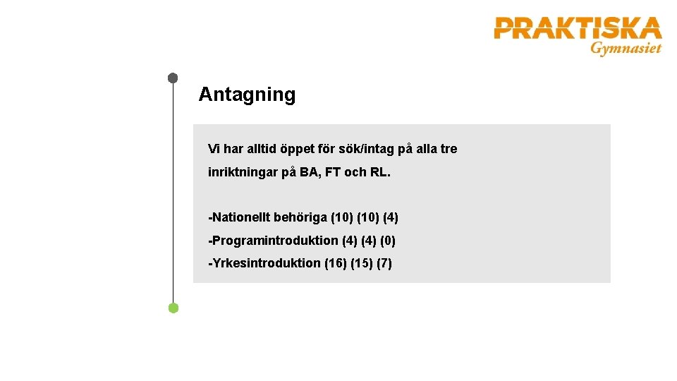 Antagning Vi har alltid öppet för sök/intag på alla tre inriktningar på BA, FT