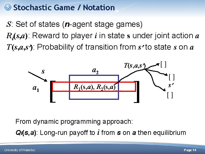 Stochastic Game / Notation S: Set of states (n-agent stage games) Ri(s, a): Reward Stochastic Game / Notation S: Set of states (n-agent stage games) Ri(s, a): Reward