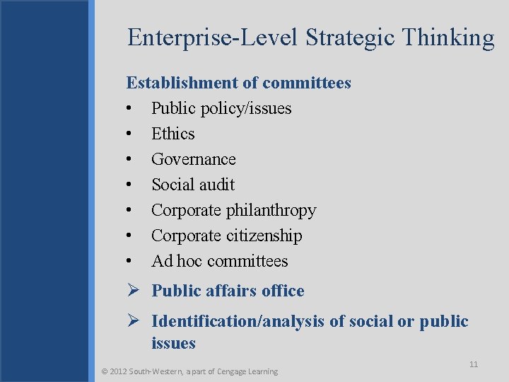 Enterprise-Level Strategic Thinking Establishment of committees • Public policy/issues • Ethics • Governance •