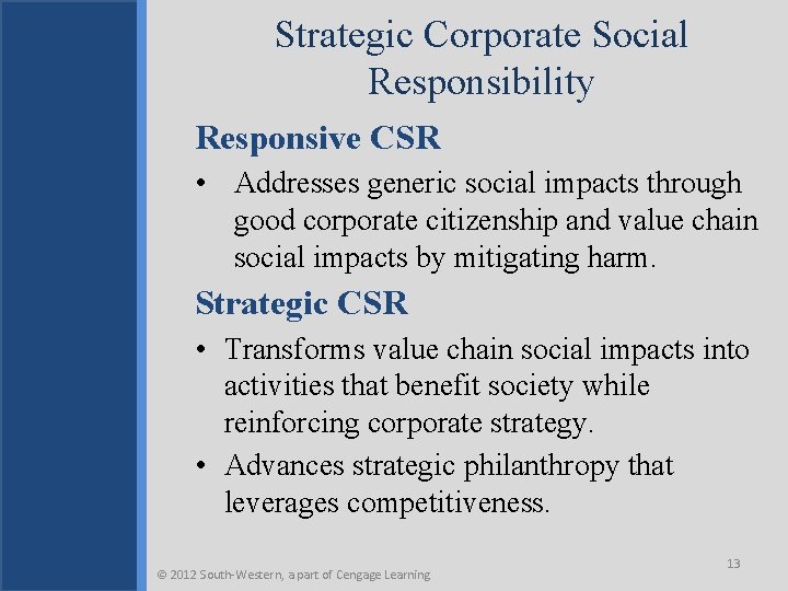 Strategic Corporate Social Responsibility Responsive CSR • Addresses generic social impacts through good corporate