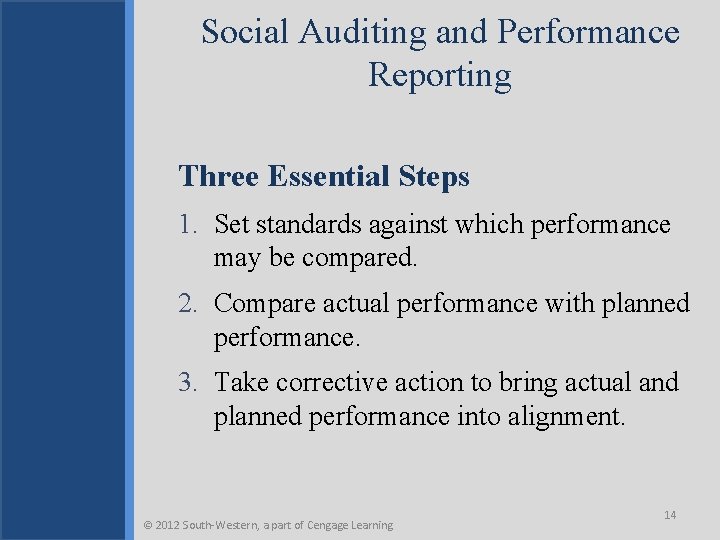 Social Auditing and Performance Reporting Three Essential Steps 1. Set standards against which performance