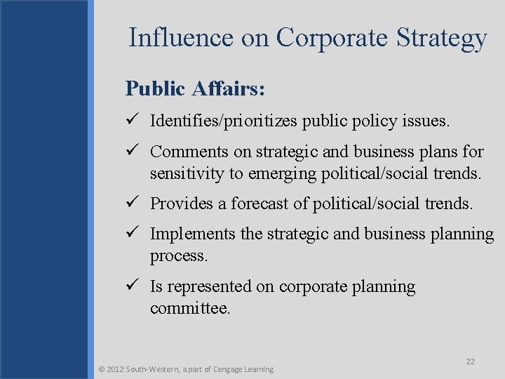 Influence on Corporate Strategy Public Affairs: ü Identifies/prioritizes public policy issues. ü Comments on