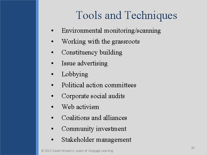 Tools and Techniques • Environmental monitoring/scanning • Working with the grassroots • Constituency building