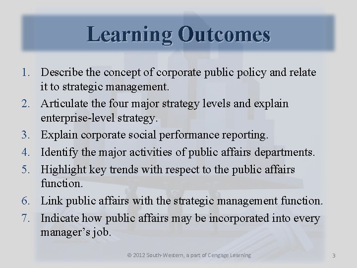 Learning Outcomes 1. Describe the concept of corporate public policy and relate it to