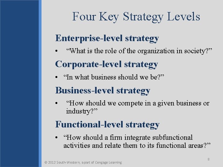 Four Key Strategy Levels Enterprise-level strategy • “What is the role of the organization