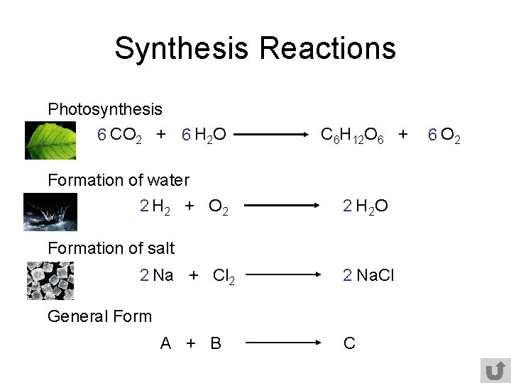 Synthesis Reactions Photosynthesis 6 CO 2 + 6 H 2 O C 6 H