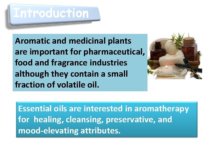 Introduction Aromatic and medicinal plants are important for pharmaceutical, food and fragrance industries although