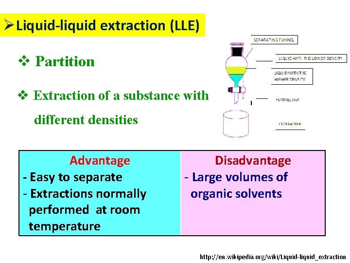 ØLiquid-liquid extraction (LLE) v Partition v Extraction of a substance with different densities Advantage