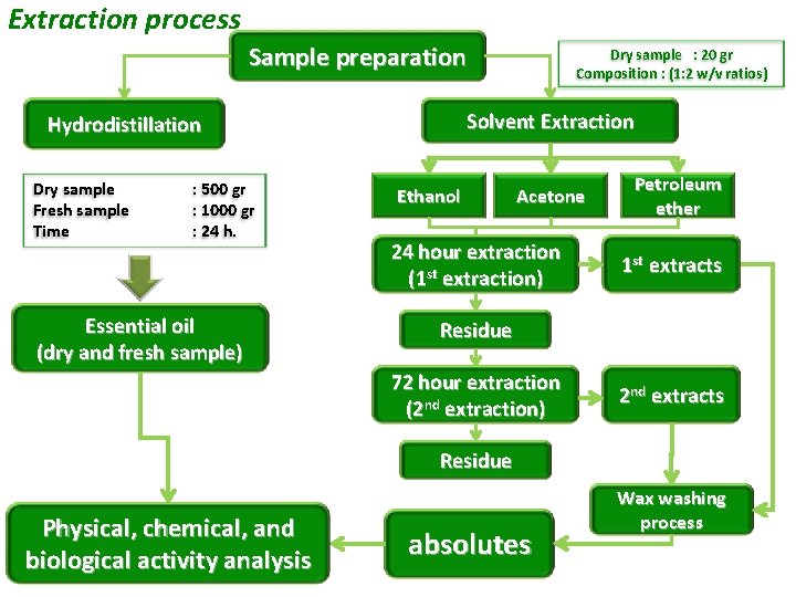 Extraction process Sample preparation Solvent Extraction Hydrodistillation Dry sample Fresh sample Time : 500