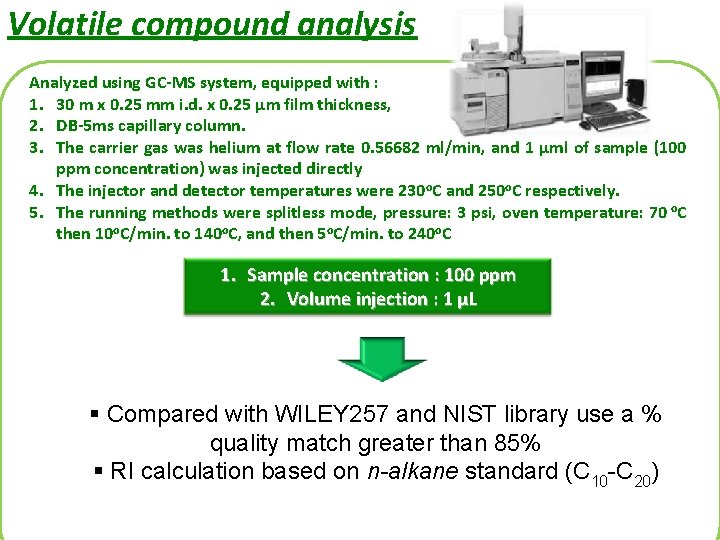 Volatile compound analysis Analyzed using GC-MS system, equipped with : 1. 30 m x