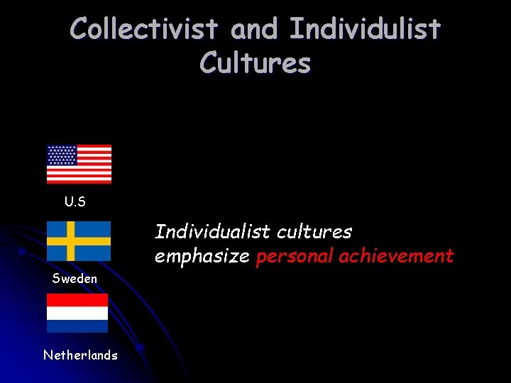 Collectivist and Individulist Cultures U. S Individualist cultures emphasize personal achievement Sweden Netherlands 