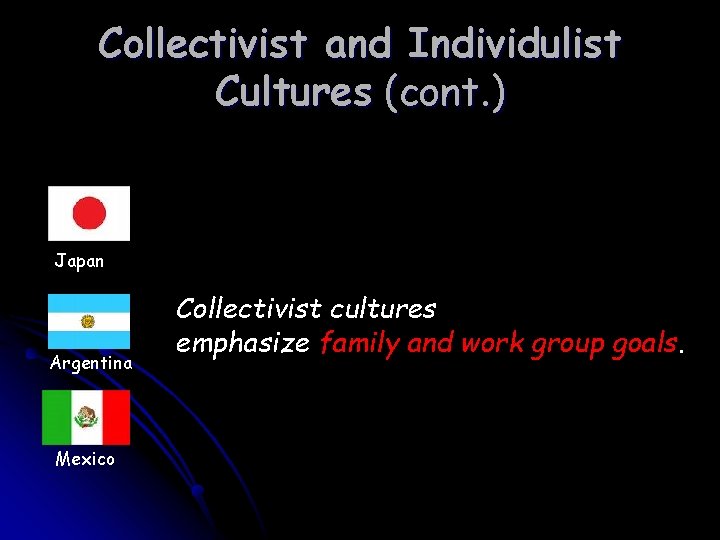 Collectivist and Individulist Cultures (cont. ) Japan Argentina Mexico Collectivist cultures emphasize family and