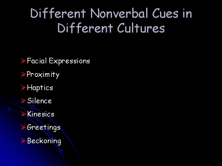 Different Nonverbal Cues in Different Cultures ØFacial Expressions ØProximity ØHaptics ØSilence ØKinesics ØGreetings ØBeckoning