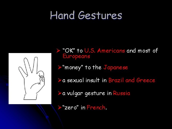 Hand Gestures Ø “OK” to U. S. Americans and most of Europeans Ø“money” to