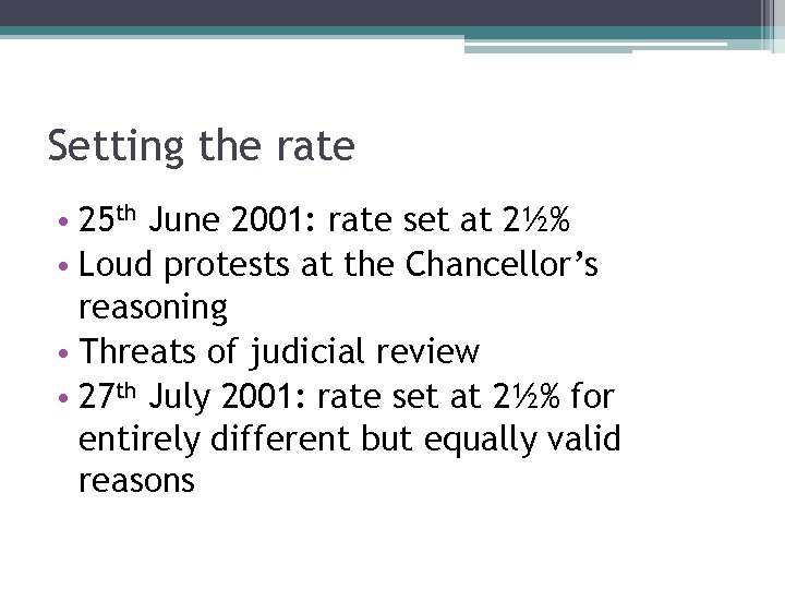 Setting the rate • 25 th June 2001: rate set at 2½% • Loud