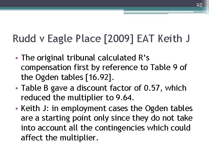 25 Rudd v Eagle Place [2009] EAT Keith J • The original tribunal calculated