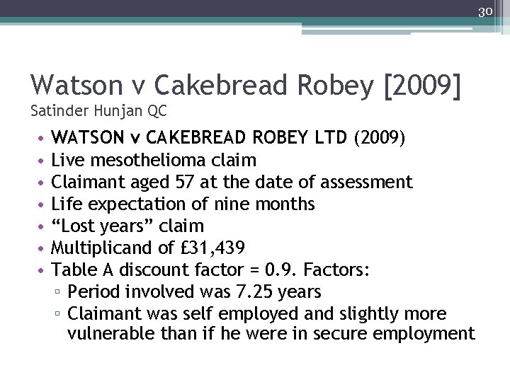 30 Watson v Cakebread Robey [2009] Satinder Hunjan QC • • WATSON v CAKEBREAD