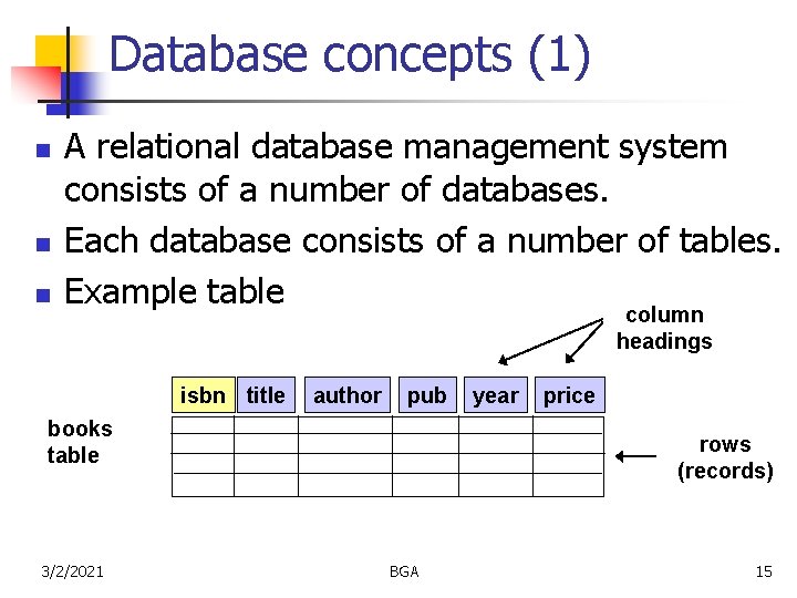 Database concepts (1) n n n A relational database management system consists of a