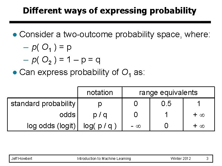 Different ways of expressing probability Consider a two-outcome probability space, where: – p( O