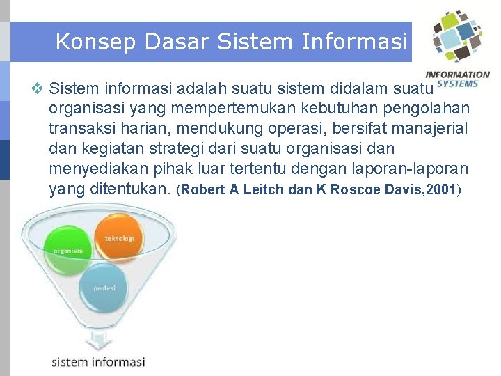 Konsep Dasar Sistem Informasi v Sistem informasi adalah suatu sistem didalam suatu organisasi yang