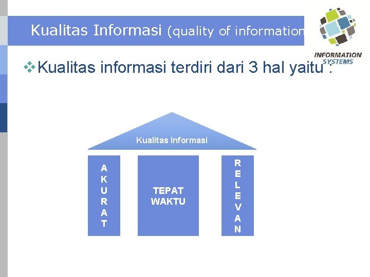 Kualitas Informasi (quality of information) v. Kualitas informasi terdiri dari 3 hal yaitu :