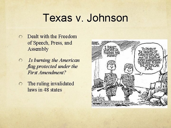 Texas v. Johnson Dealt with the Freedom of Speech, Press, and Assembly Is burning